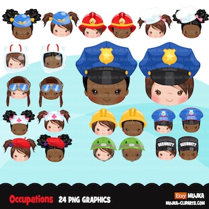 Berufe Clipart, Feuerwehrmann, Krankenschwester, Polizist, Koch, Pilot, Postbote Sublimationsgrafiken, schwarze Mädchen PNG Clip Art