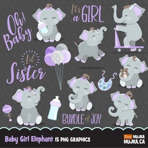 Süßer Elefant, Babyparty Clipart, Babyparty Schriftzug, Mädchen, kleine Schwester, Illustration, Planer Aufkleber, Scrapbooking, Charakter