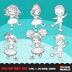 Sock Hop Party Stempel. 50er Jahre Retro Charaktere Tanzen, Swing, Vintage Geburtstag Illustration, süße Mädchen, Jungen, schwarz