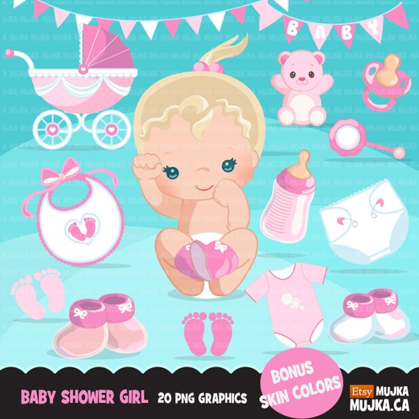 Baby doccia Clipart. Bavaglino rosa per bambina, pannolino, scarpe per bambini elementi di compleanno carini. Tutina rosa passeggino carrozzina. Design grafico con stampa del piede