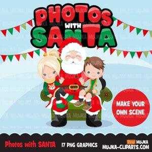 クリスマス クリップアート、サンタとの写真、座っているサンタ、クリスマスの子供たち、ノエル グラフィック、ホリデー キャラクター、PNG 昇華クリップアート