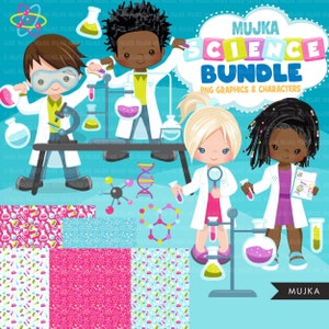 Pacote de clipart científico, gráficos escolares, download digital de designs de sublimação de pacote de laboratório, aniversário de cientista png, menino negro e menina