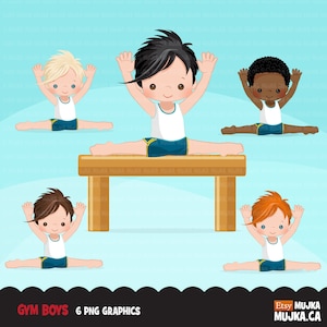 Clipart gymnastique. Gymnaste garçons, fabrication de cartes, broderie, personnages noirs, sports, activité scolaire, graphisme
