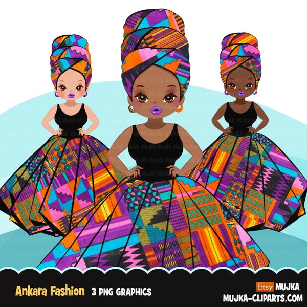 Black woman clipart PNG, Ankara kente African print, head wrap and skirt, fashion sublimation graphics black girl clip art PNG