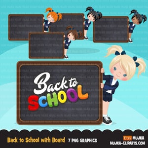 Terug naar school clipart met studentes en schoolbord, onderwijs, grafische afbeeldingen.