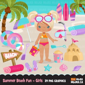Beach Fun Clipart for Girls, Summer Clipart. Beach, swimming girl, snorkel, surf board, sand bucket, beach ball, vacation palm tree clip art