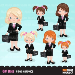 Clipart di piccola imprenditrice capo ragazza. Personaggi simpatici madre e figlia capo, grafica del logo del negozio, PNG aziendale, clip art per uso commerciale