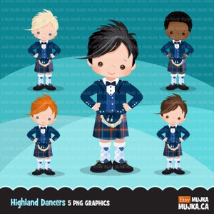 Clipart di ballerini delle Highland. Simpatici ballerini scozzesi con kilt, vestito da ballo blu, attività scolastica, ragazzi scozzesi, grafica della tradizione scozzese