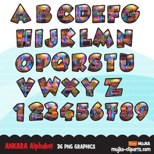 Clipart dell'alfabeto africano di Ankara, impilabile, lettere della storia nera, clipart di Kwanzaa, lettere e numeri in tessuto kente, grafica PNG