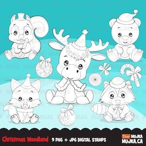 Noël Bébés animaux des bois Tampons numériques. Bébé renard, écureuil, élan, raton laveur, ours graphiques à colorier contour illustration Noel clipart