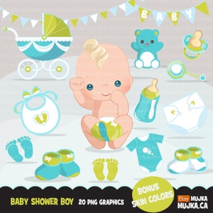 Baby Shower Cliparts. Baby blau Lätzchen, Windel, Babyschuhe niedliche Geburtstagselemente. Kinderwagen blau Strampelanzug. Fußabdruck-Grafikdesign