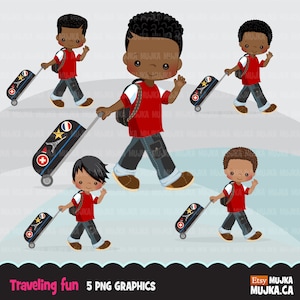 Clipart de garotinho negro viajando, gráficos de férias com mala e mochila, gráficos de capa de passaporte, designs de sublimação de férias png