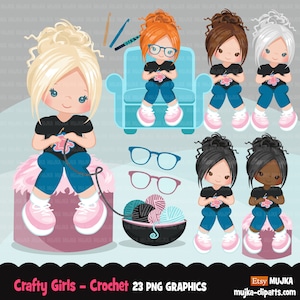 Clipart au crochet, png au crochet, clipart tricot, filles à tricoter, jolis graphiques au crochet, clipart de fil, dessins de sublimation au crochet, logo png