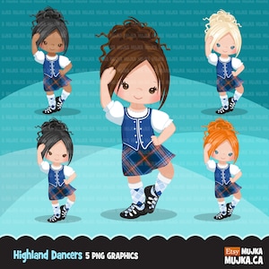 Highland dancers clipart. Cute Scottish dancers with kiltie, blue dancing outfit, school activity, Scottish girl, Scotland tradition graphic