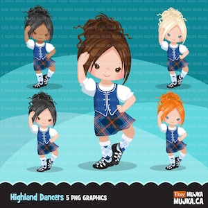 Highland dancers clipart. Cute Scottish dancers with kiltie, blue dancing outfit, school activity, Scottish girl, Scotland tradition graphic image 1