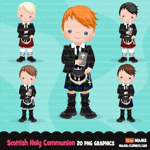 Schottische Erstkommunion Clipart für Jungen, Schottischer Kilt, Kommuniongrafik, Bibel, Rosenkranzsublimationsdesign, religiöse Jungen png