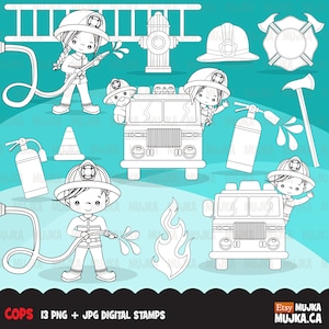 消防士のデジタルスタンプ。かわいい消防車、火、はしご、消火栓、消防士のキャラクター、スクラップブック、塗り絵のアウトラインアート、白黒