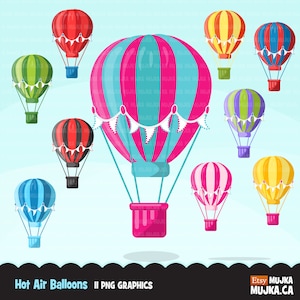 Clipart de balão de ar quente, veículos aéreos. Balões de aniversário fofos, viagens, chá de bebê, clipart de designs de sublimação