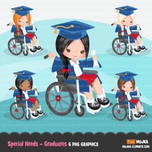 Imágenes prediseñadas de niña graduada en silla de ruedas con necesidades especiales. Graduación por discapacidad, niños, personajes, negro, pegatinas escolares