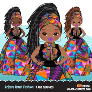 Clipart donna nera PNG, Ankara kente multicolore stampa papillon e gonna, grafica di moda fascia per la testa trecce ragazza clip art PNG