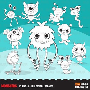 Monster Digitale Briefmarken. Niedliche Monster-Grafiken, flauschiger Charakter, lustiges Wesen, Scrapbook zum Ausmalen, Schwarzweiß, Stickerei, digitalisieren