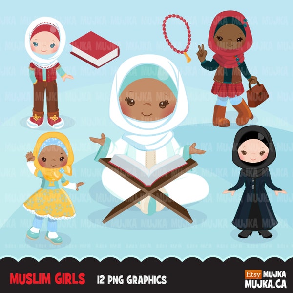Clipart de filles musulmanes, graphiques de l'Islam, enfants lisant le Coran avec Hijab et Misbaha, clipart Tasbih