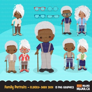 schwarz afro Familien Portraits Clipart. Ältesten, ältere Grafiken. Alte Dame mit Rollator, alter Mann mit Gehstock, Großeltern, Familie