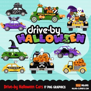 Clipart Halloween en voiture, fête en voiture, clipart défilé, fête de quarantaine, voitures halloween png, camion halloween png, graphismes de voiture image 1