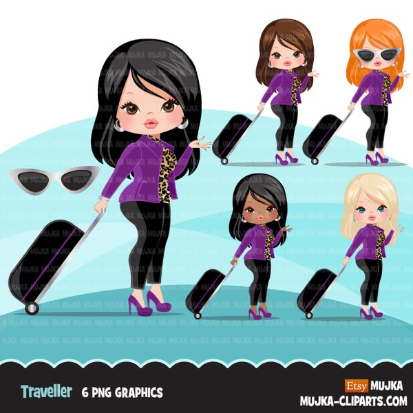 Travelling girl clipart PNG with suitcase, print and cut, shop logo boss girl clip art purple leopard skin graphics