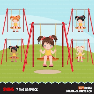 Imágenes prediseñadas de patio de juegos, niña columpiándose, gráficos de columpios de parque al aire libre, diseños de sublimación PNG clip art