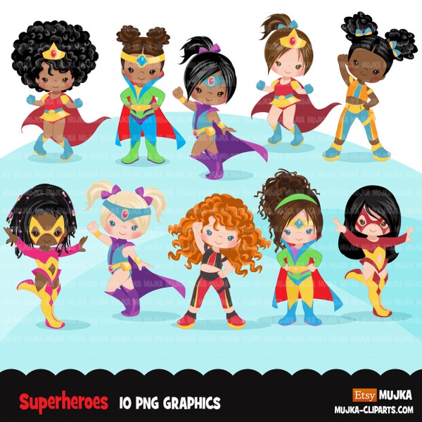 Clipart di supereroi, grafica di sublimazione dell'eroe supergirl, festa di compleanno di ragazze nere, clip art PNG ragazza afro