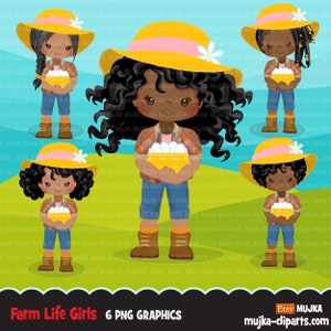 Afro black Farmer Girls clipart, farmer characters with basket of eggs, farmer hat, country graphics, country girl with hat image 1