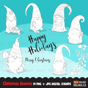Sellos digitales de gnomos navideños. Gráficos de gnomos escandinavos, Tomte Nisse, ilustración sueca, danesa, festividad nórdica, esquema para colorear