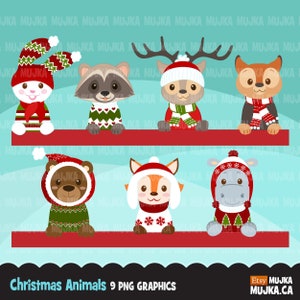 Clipart animaux de Noël, jolis graphiques de Noël, lapin, raton laveur, renard, ours, renne, clipart hippopotame