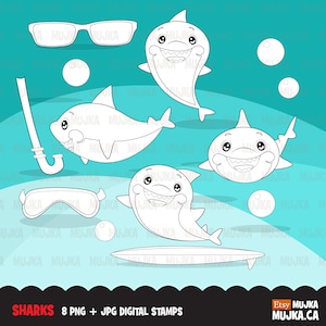 Sellos digitales de tiburones. Tiburón lindo, animales marinos, arte para colorear y delinear bajo el mar, blanco y negro, digitalización de bordados