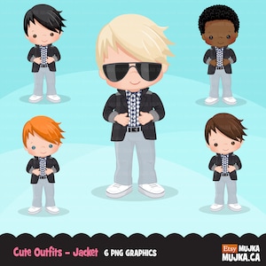 Kleiner Junge niedliche Outfits Clipart. Jungen mit Jacke und Sonnenbrille, Abschlussball, Geburtstag, Schule, Kleinkindmode Grafiken. Kommerzielle Nutzung Design