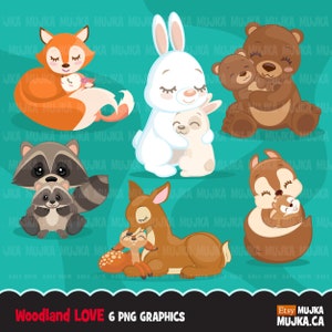 Imágenes prediseñadas de animales del bosque. Ilustración de animales para el día de San Valentín, crías de animales para el día de la madre, conejo, zorro, mapache. Imágenes prediseñadas para uso comercial.