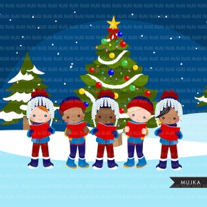 Clipart di canti natalizi, ragazzo che canta i canti natalizi, ragazzo nero, albero di Natale, clipart png per le vacanze, grafica di sublimazione di Sublimation Designs