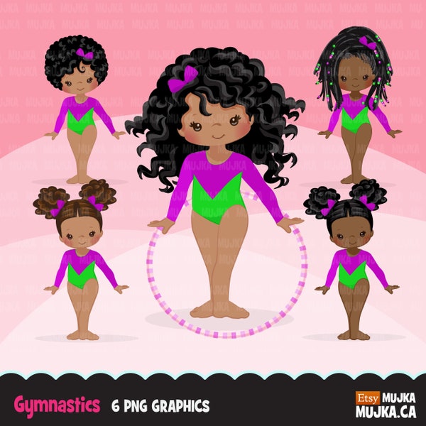 Gymnastics Clipart, Gymnast black girls, hula hoop, sports, school activity, Sublimation Designs PNG graphics
