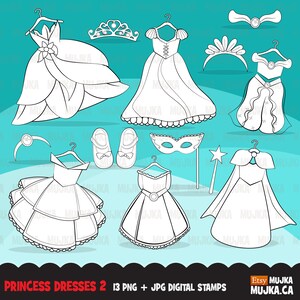 Timbres numériques de robe de princesse. Baguette de fée, tenues royales, mascarade, fête, graphismes de salle de bal, album de coupures, contour à colorier, clipart N&B