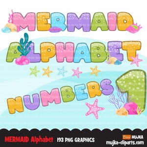 Mermaid Alphabet clipart, rainbow mermaid squad capital letters numbers, sublimation birthday party, PNG clip art