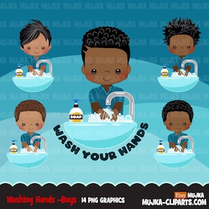 Badezimmer Hausarbeit Clipart, kleine schwarze Jungen Hände waschen, Hygiene, gesunder Lebensstil Grafiken, digitale Clip Art Png