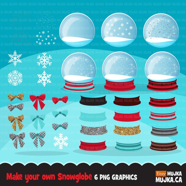 Christmas snow globe clipart. Make your own Cute snow globes with snow flakes, glitter, ribbons and colorful base commercial use graphics