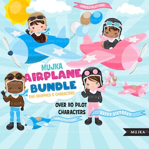 Paquete de imágenes prediseñadas de avión, gráficos de piloto, diseños de sublimación de cumpleaños de piloto, pequeño aviador png, diseños de cumpleaños png, niño y niña negros