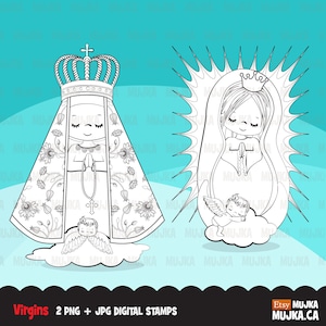 Sello digital de santos y vírgenes de Navidad. Nossa Senhora da Aparecida, Virgen de Guadalupe, biblia cristiana, ilustraciones sagradas, contorno