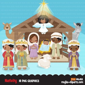 Clipart Narodzenia, czarny Jezus, Narodzenie png, ilustracja religijna, grafika biblijna, Dzieciątko Jezus, Józef i Maryja, Anioł, 3 królów, Chrześcijaństwo
