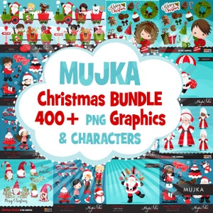 Könnte beinhalten: Eine digitale Illustration eines Weihnachtspakets mit über 400 PNG-Grafiken und -Charakteren. Das Bild zeigt eine Vielzahl von festlichen Elementen, darunter den Weihnachtsmann, Gnome, Schneemänner und Weihnachtsbäume. Der Text "MUJKA Christmas Bundle 400+ PNG Graphics & Characters" wird in einer großen, fetten Schrift angezeigt.