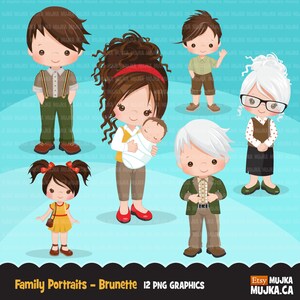 Imágenes prediseñadas de retratos familiares. Retratos navideños, colección de mamá, papá, abuelos, bebés y niños, gráficos de familia morena, uso comercial
