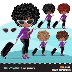 Reisen schwarze Frau Clipart PNG mit Koffer, drucken und schneiden, shop Logo Chef afro Mädchen Clip Art lila Leopardenfell Grafiken