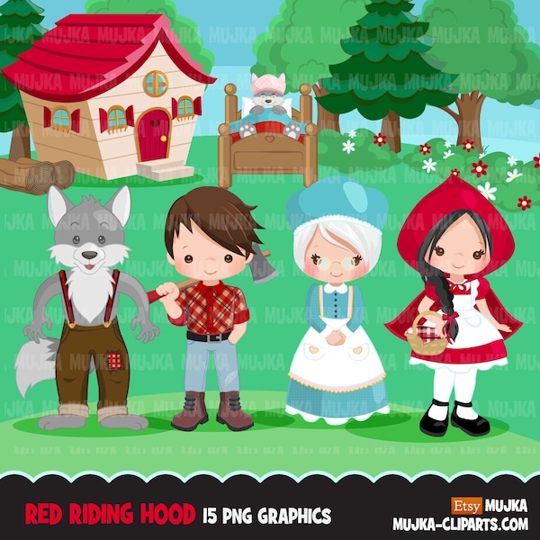 Clipart chaperon rouge, loup mignon, forêt, graphiques de livre de contes. Illustrations de contes de fées pour garçons et filles.